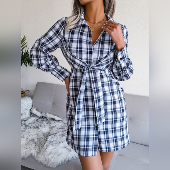 Tied Plaid Long Sleeve Mini Shirt Dress - Picture 1 of 9